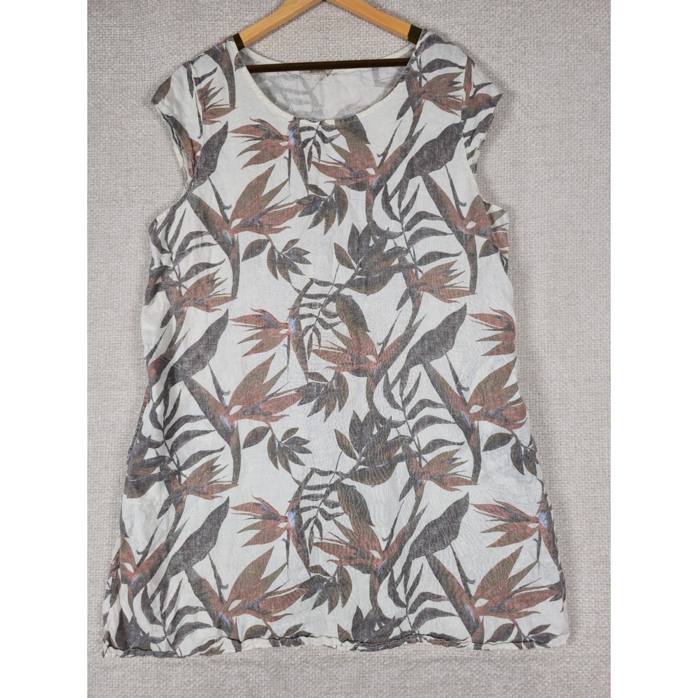 Lungo L'Arno Italy 100% Linen Bird of Paradise Tropical Shift Dress Womens Sz 2X